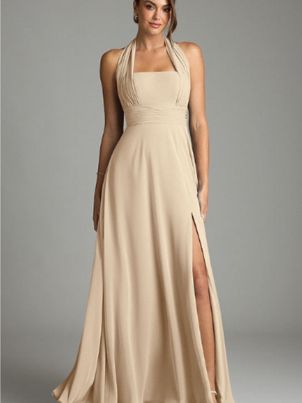 Azazie Beige Halter Maxi Dress with Side Slit